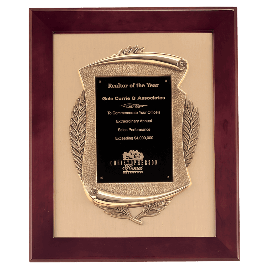 14" x 17" Rosewood Piano Finish Frame with Antique Bronze Casting          with Black LaserFX Plate on Brushed Gold Metal Background