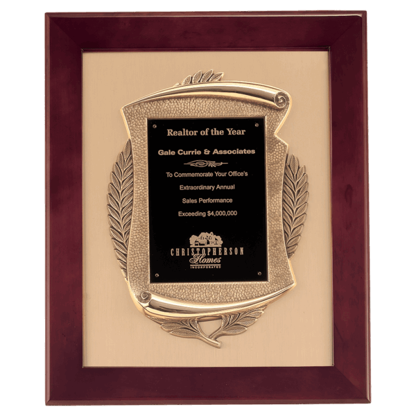 14" x 17" Rosewood Piano Finish Frame with Antique Bronze Casting          with Black LaserFX Plate on Brushed Gold Metal Background
