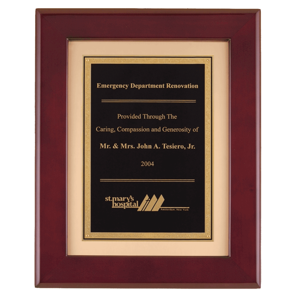 12" x 15" Rosewood Piano Finish Frame with Black LaserFX Plate on Brushed Gold Metal Background