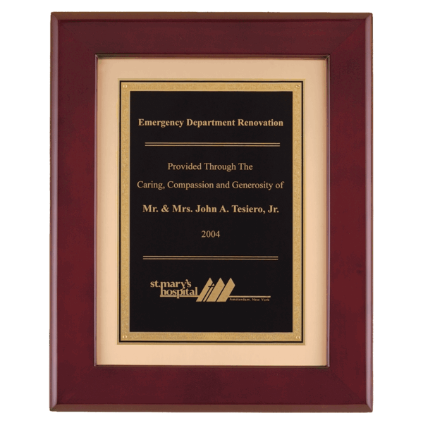 12" x 15" Rosewood Piano Finish Frame with Black LaserFX Plate on Brushed Gold Metal Background