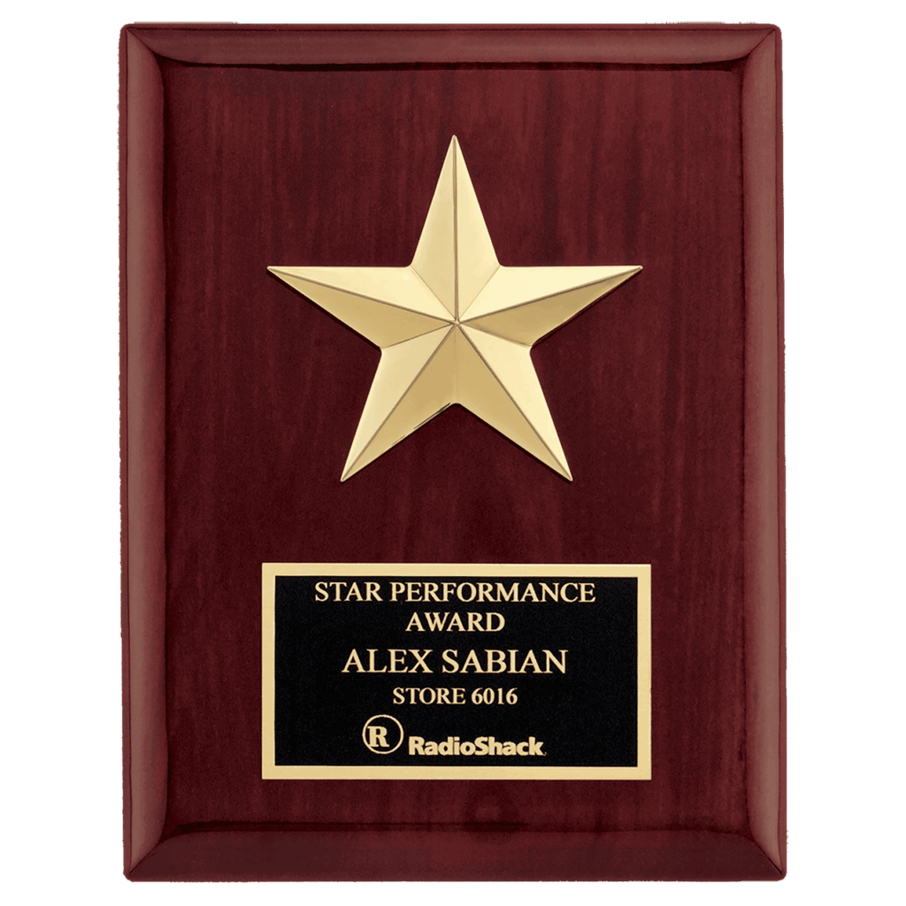 6" x 8" Star Casting with Gabled Points and Goldtone Finish on a Rosewood Piano Finish Plaque with a Black Laserable Plate