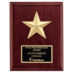 6" x 8" Star Casting with Gabled Points and Goldtone Finish on a Rosewood Piano Finish Plaque with a Black Laserable Plate