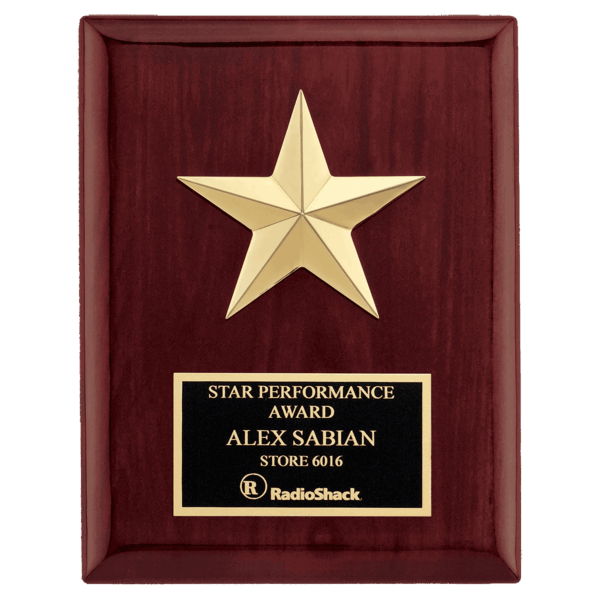 6" x 8" Star Casting with Gabled Points and Goldtone Finish on a Rosewood Piano Finish Plaque with a Black Laserable Plate