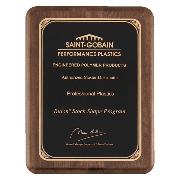 9" x 12" Airflyte Premium Walnut Piano Finish Plaque with Gold Florentine Border LaserFX Plate