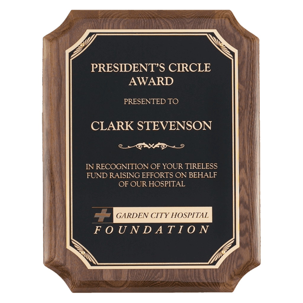 9" x 12" Airflyte Walnut Piano Finish Plaque with Gold Florentine Border Black LaserFX Plate