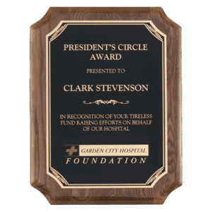9" x 12" Airflyte Walnut Piano Finish Plaque with Gold Florentine Border Black LaserFX Plate