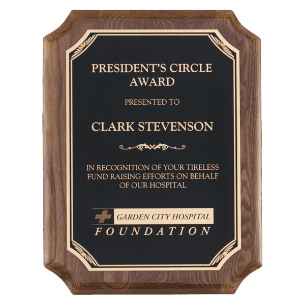 9" x 12" Airflyte Walnut Piano Finish Plaque with Gold Florentine Border Black LaserFX Plate