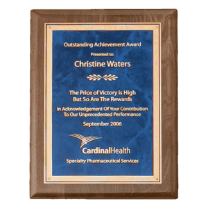 7" x 9" Airflyte Premium Walnut Piano Finish Plaque with Gold Florentine Border Sapphire Marble LaserFX Plate