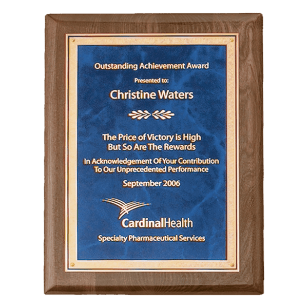 8" x 10 1/2" Airflyte Premium Walnut Piano Finish Plaque with Gold Florentine Border Sapphire Marble LaserFX Plate