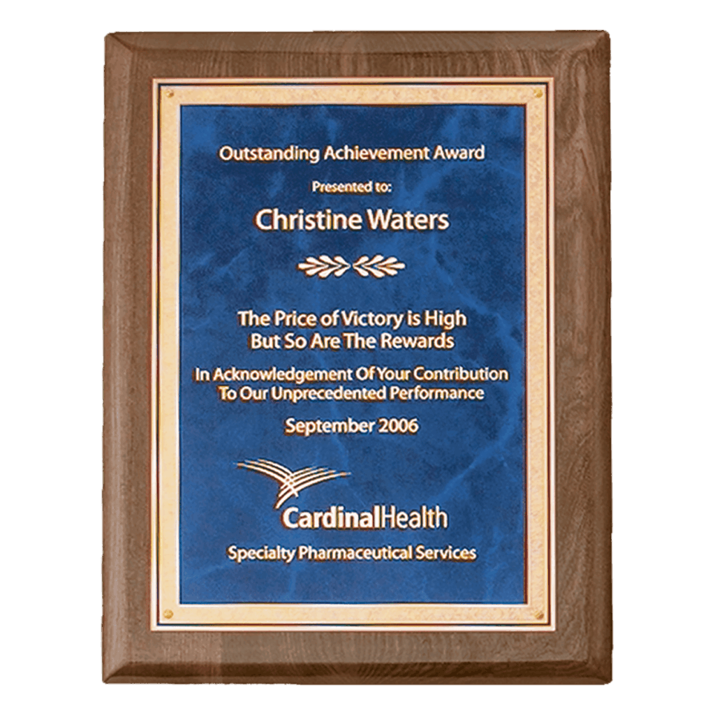 9" x 12" Airflyte Premium Walnut Piano Finish Plaque with Gold Florentine Border Sapphire Marble LaserFX Plate