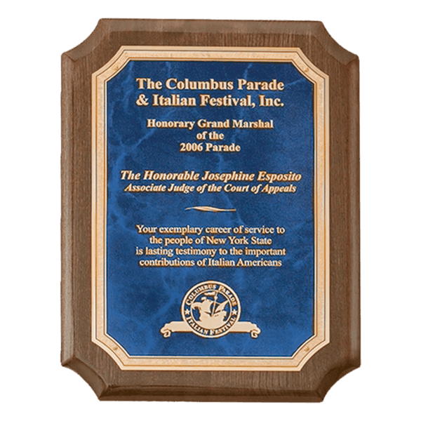 9" x 12" Airflyte Premium Walnut Piano Finish Plaque with Gold Florentine Border Sapphire Marble LaserFX Plate