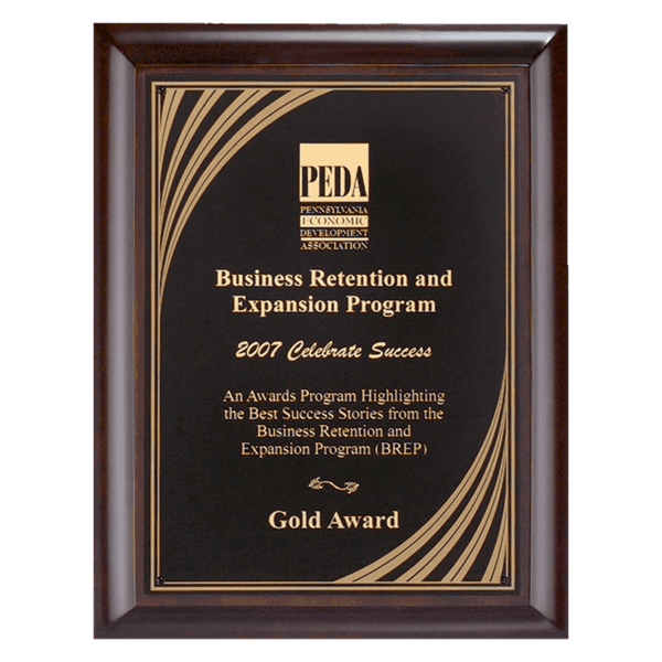 8" x 10" Hand Rubbed Cherry Finish Plaque with Cascading Gold Swirl Design Laserable Black Brass Plate