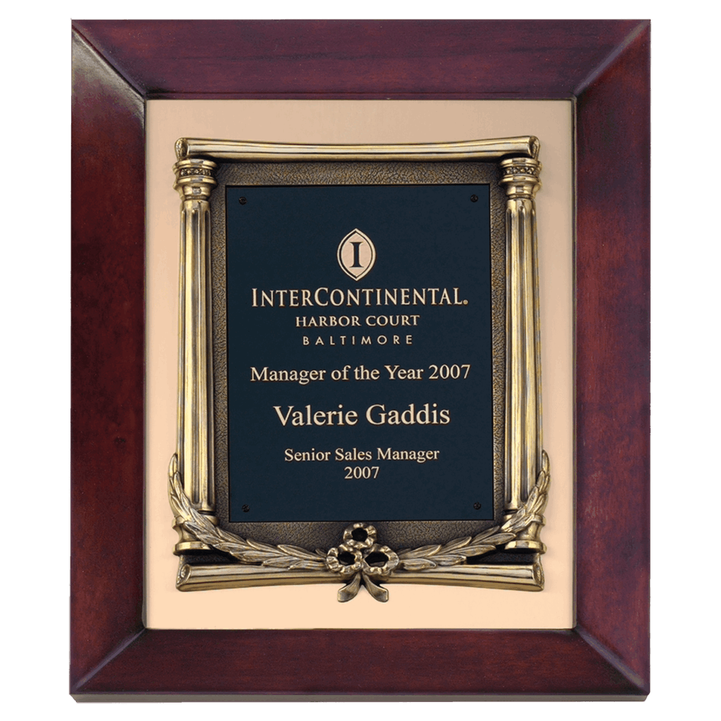 12" x 15" Airflyte Cherry Finish Frame with Antique Bronze Finished Metal Frame on a Brushed Gold Metal Background with a Laserable Black Brass Plate