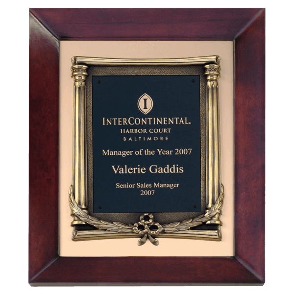 12" x 15" Airflyte Cherry Finish Frame with Antique Bronze Finished Metal Frame on a Brushed Gold Metal Background with a Laserable Black Brass Plate