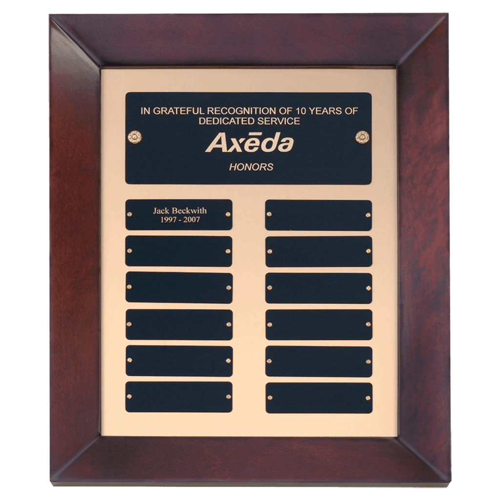 12" x 15" Airflyte Cherry Finish Frame Perpetual Plaque with Gold Metal Background and 12 Laserable Black Brass Plates