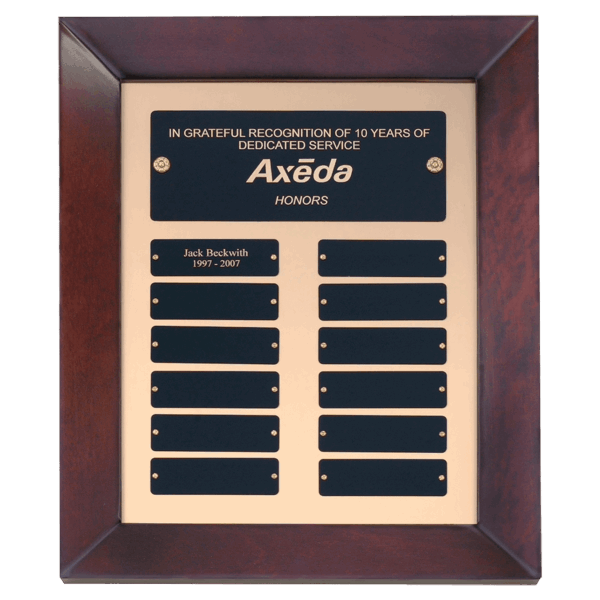 12" x 15" Airflyte Cherry Finish Frame Perpetual Plaque with Gold Metal Background and 12 Laserable Black Brass Plates