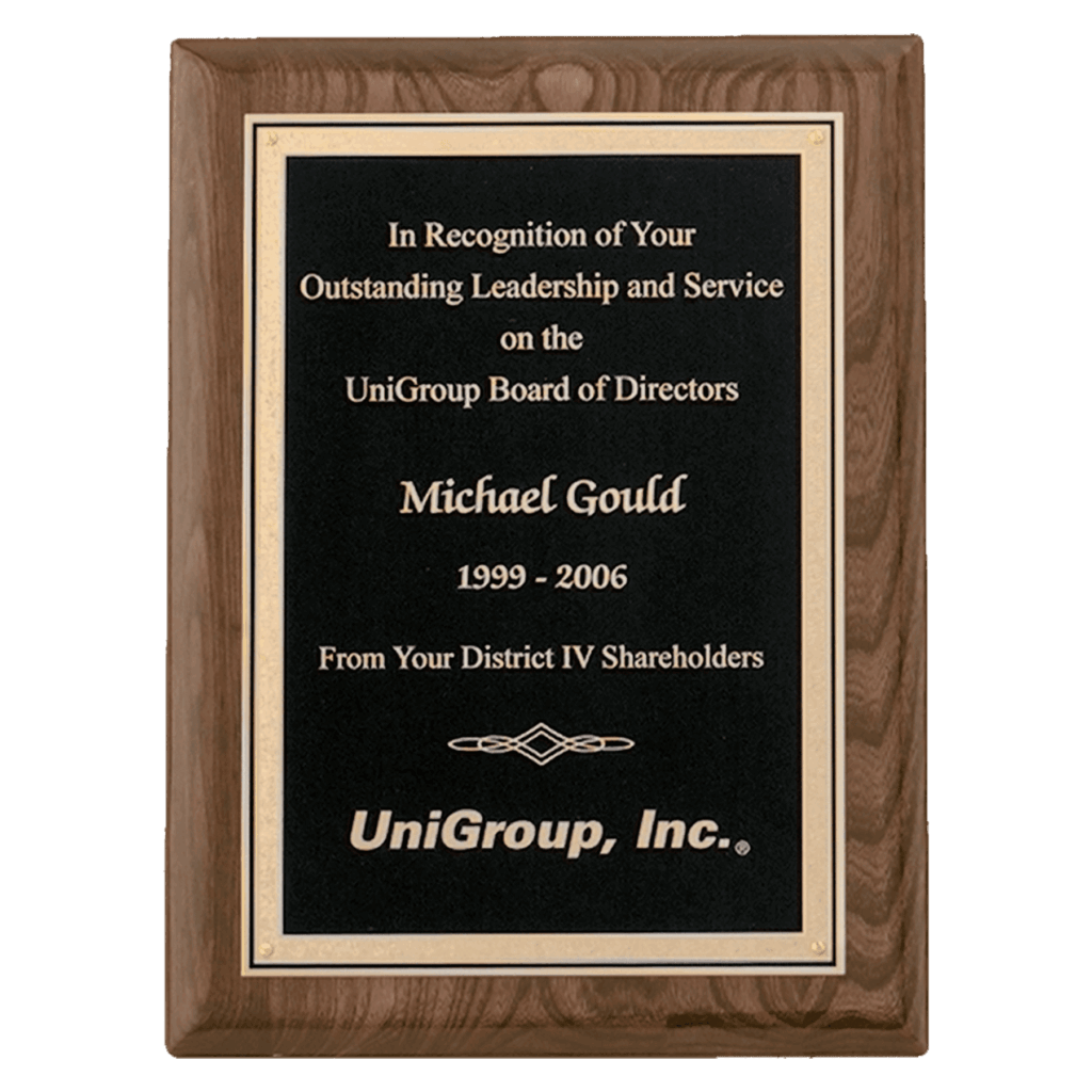 9" x 12" Airflyte Walnut Piano Finish Plaque with Textured Black/Gold Florentine Border LaserFX Plate