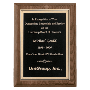 9" x 12" Airflyte Walnut Piano Finish Plaque with Textured Black/Gold Florentine Border LaserFX Plate