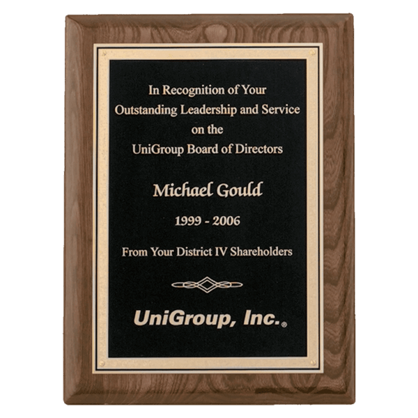 9" x 12" Airflyte Walnut Piano Finish Plaque with Textured Black/Gold Florentine Border LaserFX Plate