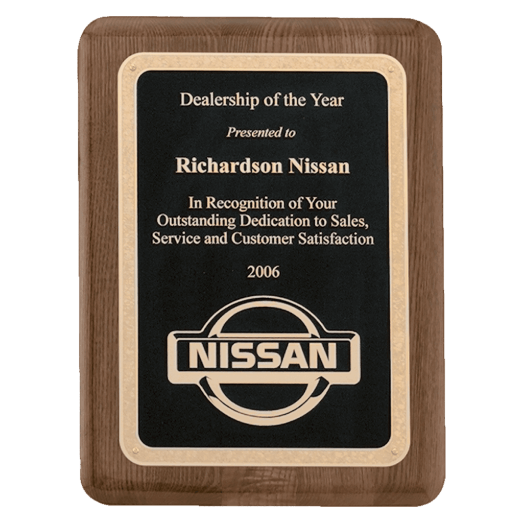7" x 9" Airflyte Premium Walnut Piano Finish Plaque with Gold Florentine Border Textured Black LaserFX Plate