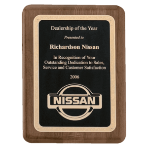 7" x 9" Airflyte Premium Walnut Piano Finish Plaque with Gold Florentine Border Textured Black LaserFX Plate