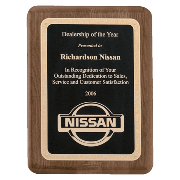 8" x 10 1/2" Airflyte Walnut Piano Finish Plaque with Textured Black/Gold Florentine Border LaserFX Plate