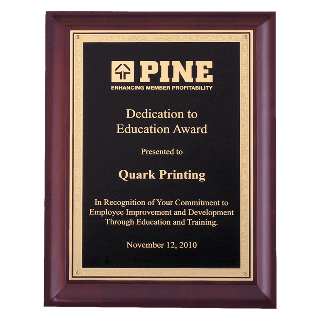 Hand Rubbed Cherry Finish Plaque with Gold Florentine Border Black LaserFX Plate