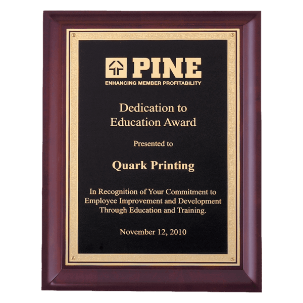 Hand Rubbed Cherry Finish Plaque with Gold Florentine Border Black LaserFX Plate