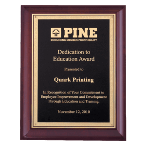 9" x 12" Hand Rubbed Cherry Finish Plaque with Gold Florentine Border Black LaserFX Plate