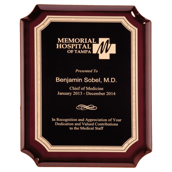 7" x 9" Rosewood High Gloss Plaque with Black Gold Florentine Border LaserFX Plate