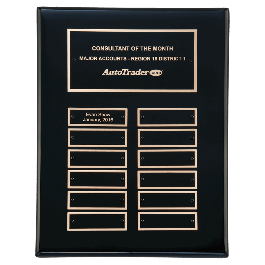 9" x 12" Airflyte Black Piano Finish 12 Plate Perpetual Plaque with Black Brass Plates