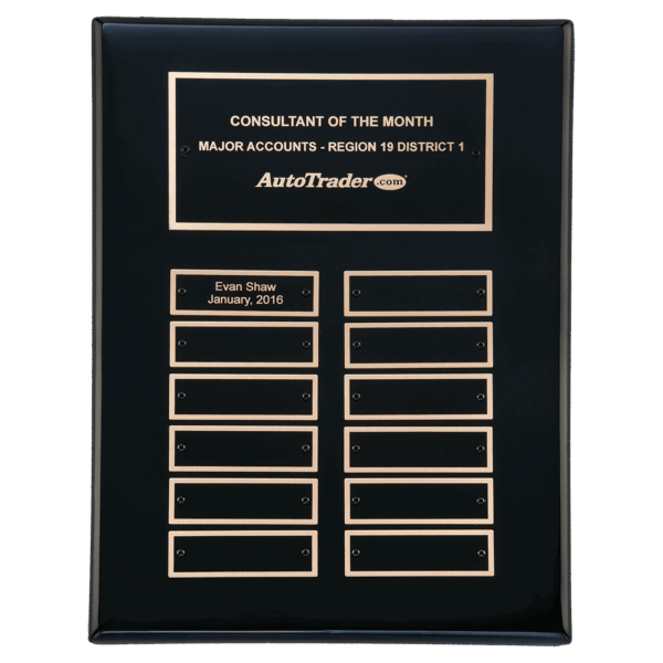 9" x 12" Airflyte Black Piano Finish 12 Plate Perpetual Plaque with Black Brass Plates