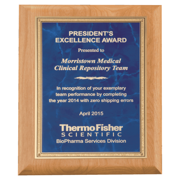 7" x 9" Natural Alder Wood Plaque with Sapphire Marble Gold Florentine Bordered LaserFX Plate