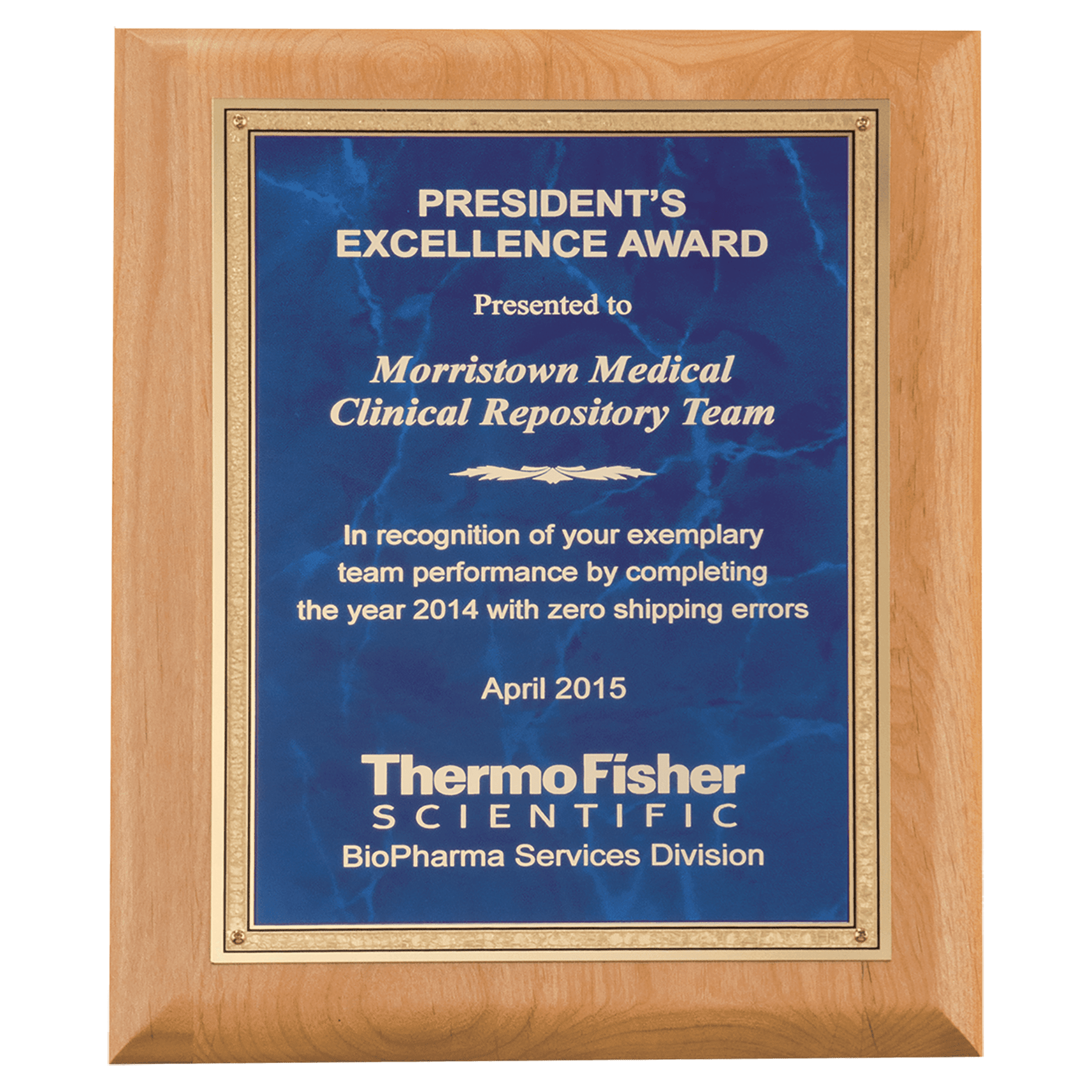 7" x 9" Natural Alder Wood Plaque with Sapphire Marble Gold Florentine Bordered LaserFX Plate