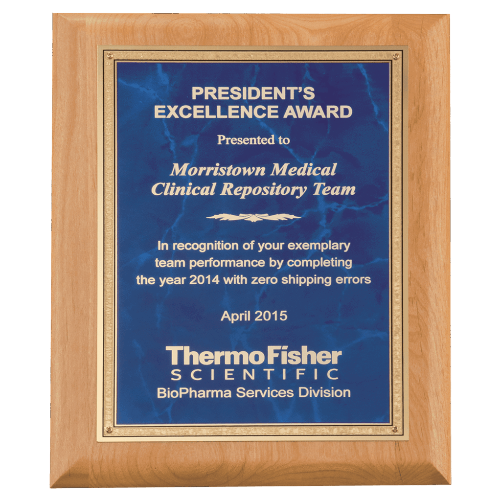 9" x 12" Natural Alder Wood Plaque with Sapphire Marble Gold Florentine Bordered LaserFX Plate