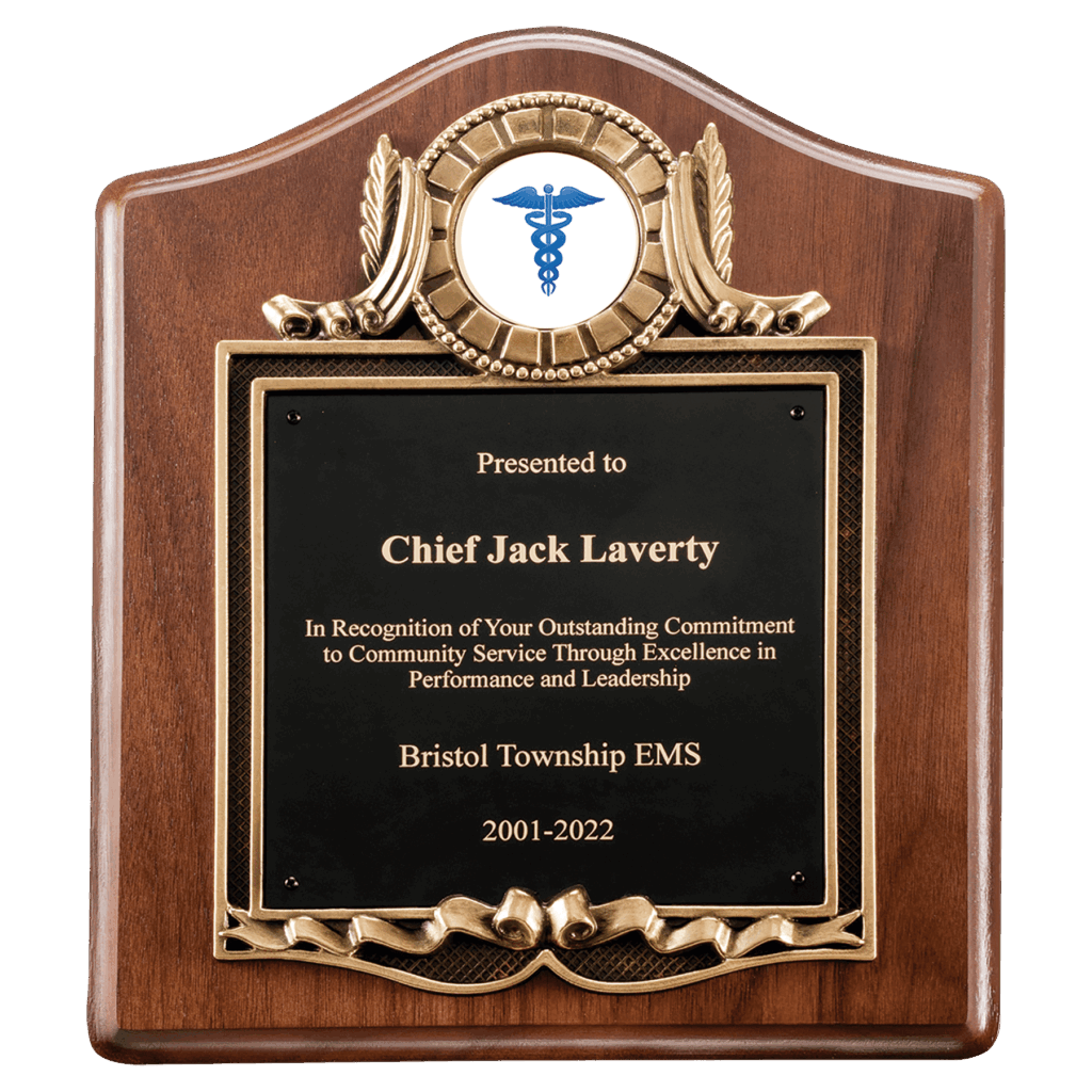 10" x 12" American Walnut Plaque with Gold Border Decorative Frame with 2" Insert Holder, Laserable Black Brass Plate- Witney Series