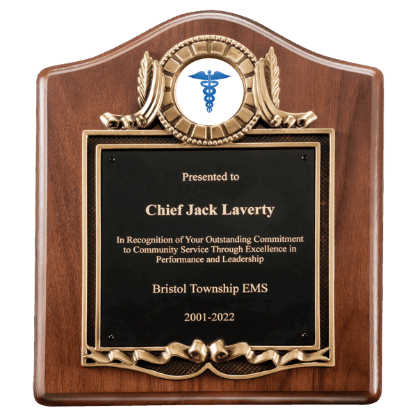 10" x 12" American Walnut Plaque with Gold Border Decorative Frame with 2" Insert Holder, Laserable Black Brass Plate- Witney Series