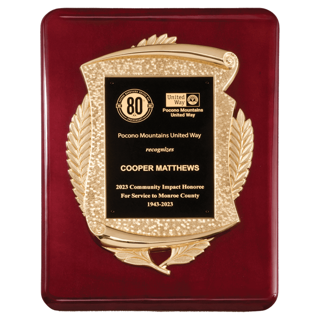 11" x 15" Rosewood Piano Finish Plaque with Metal Gold Scroll Frame Casting and Black LaserFX Plate