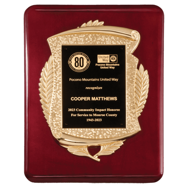 11" x 15" Rosewood Piano Finish Plaque with Metal Gold Scroll Frame Casting and Black LaserFX Plate