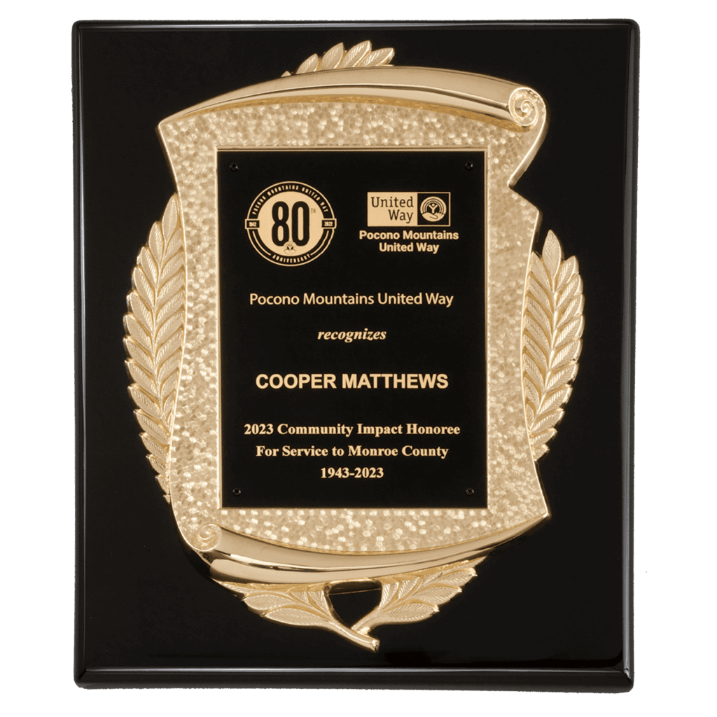 10 1/2" x 13" Black High Gloss Plaque with Metal Gold Scroll Frame Casting with Black LaserFX Plate