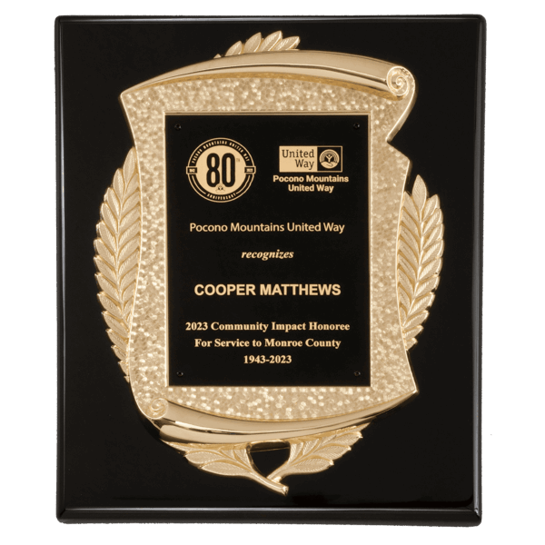 10 1/2" x 13" Black High Gloss Plaque with Metal Gold Scroll Frame Casting with Black LaserFX Plate