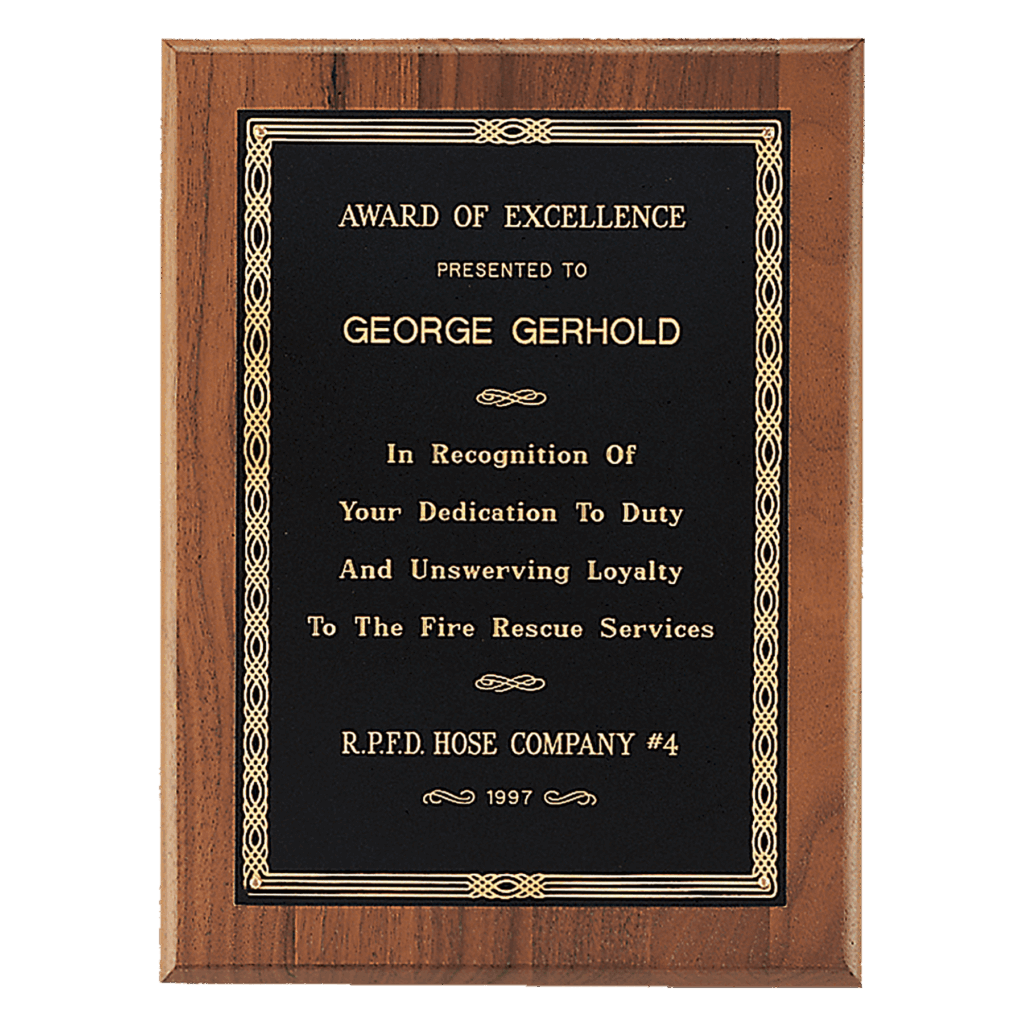 6" x 8" Jewelers Black Laserable Gold Border Plate on an American Walnut Plaque - Sheffield Series