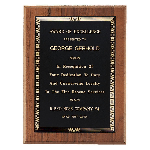 9" x 12" Jewelers Black Laserable Gold Border Plate on an American Walnut Plaque- Sheffield Series
