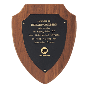 6" x 7 1/2" Jewelers Black Laserable Gold Border Shield Plate on an American Walnut Shield Plaque- Sheffield Series