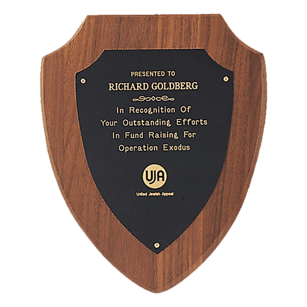 8 1/2" x 10 1/2" Jewelers Black Laserable Gold Border Shield Plate on an American Walnut Shield Plaque- Sheffield Series