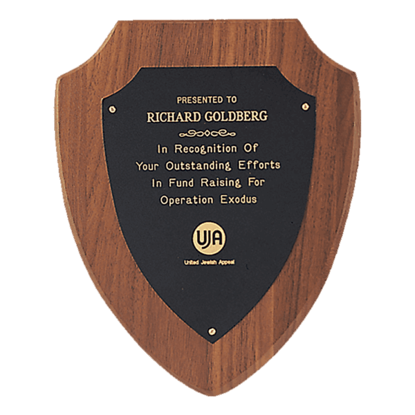 8 1/2" x 10 1/2" Jewelers Black Laserable Gold Border Shield Plate on an American Walnut Shield Plaque- Sheffield Series