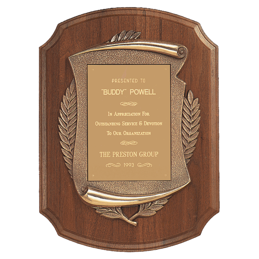 11" x 15" American Walnut Notch Corner Plaque w/Antique Bronze Scroll/Brushed Brass Plate
