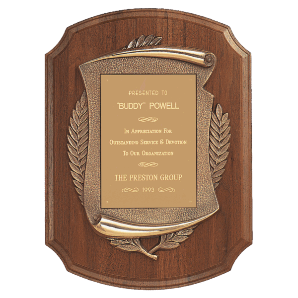 11" x 15" American Walnut Notch Corner Plaque w/Antique Bronze Scroll/Brushed Brass Plate