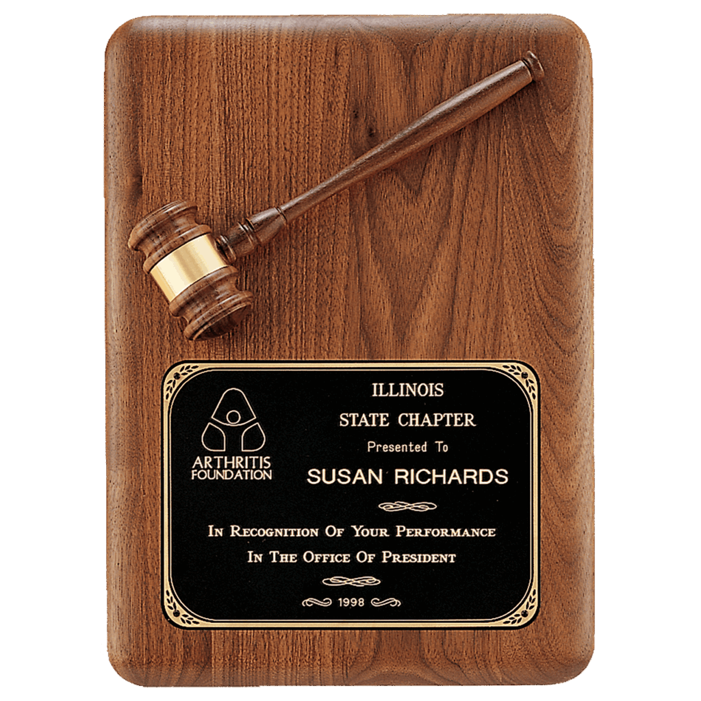 11" x 15" Walnut Plaque with Walnut Gavel, Gavel Band and Laserable Black Brass Plate