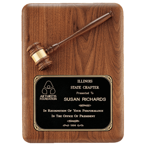 11" x 15" Walnut Plaque with Walnut Gavel, Gavel Band and Laserable Black Brass Plate